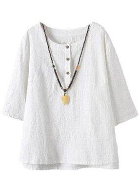Womens Linen Cotton Henley Top Jacquard Three Quarter Sleeve Summer Blouse